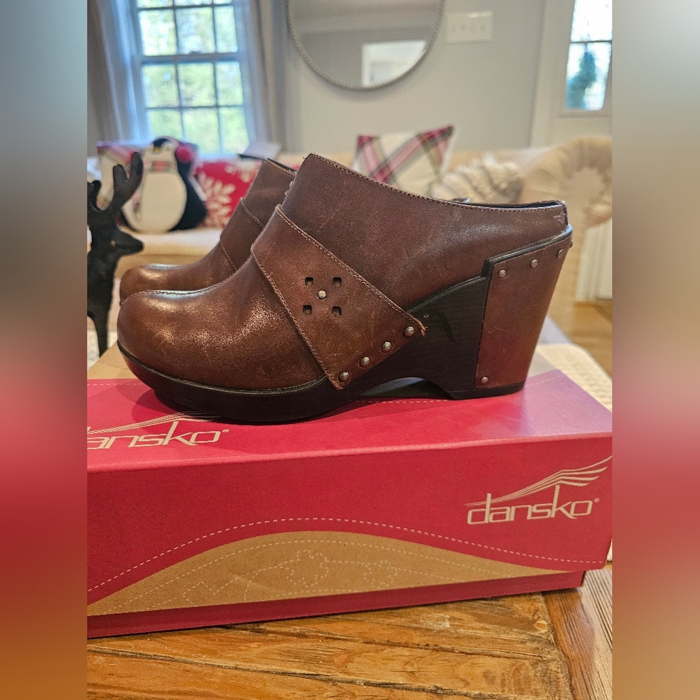 Dansko Leather Wedge Clogs Brown Studded 39